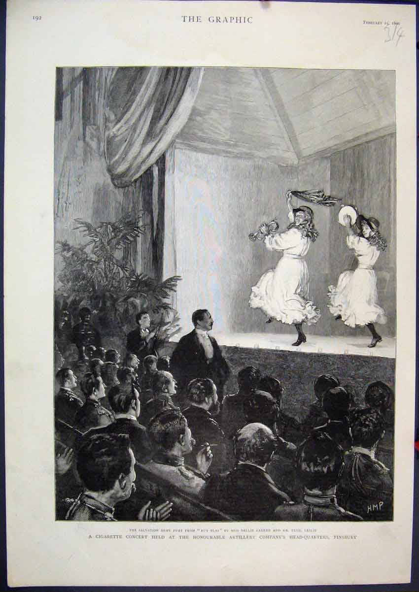 Old Antique Print 1890 Cigarette Concert Artillery Head-Quarters Finsbury 19th