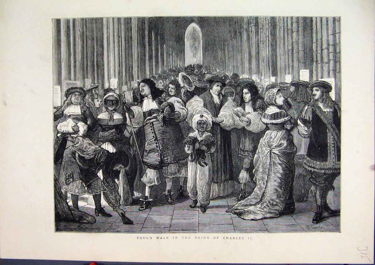 Original Old Antique Print Pauls Walk Reign Charles Ii 1872 Costume Victorian