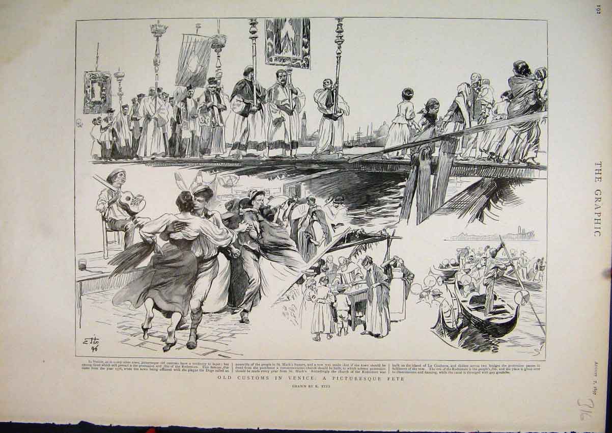 Old Antique Print 1897 Venice Customs Picturesque Fete Bridge Boat Dance 19th