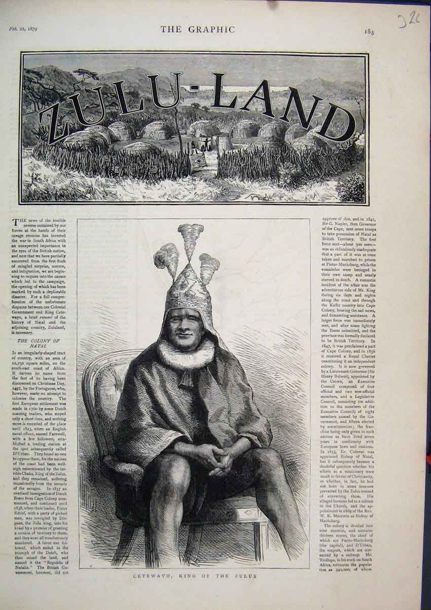 Original Old Antique Print Portrait 1879 Cetewayo King Zulus Zulu-Land Victorian