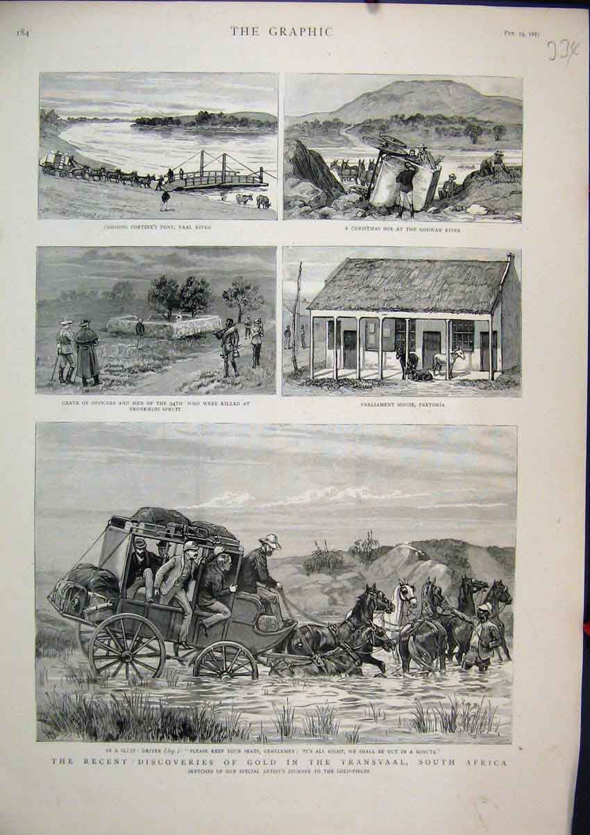 Original Old Antique Print 1887 GTransvaal South Africa Coetzee Pont Pretoria