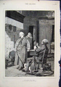 Original Old Antique Print 1879 Woman Baby Basket Man Sitting Chair Cat Fine Art