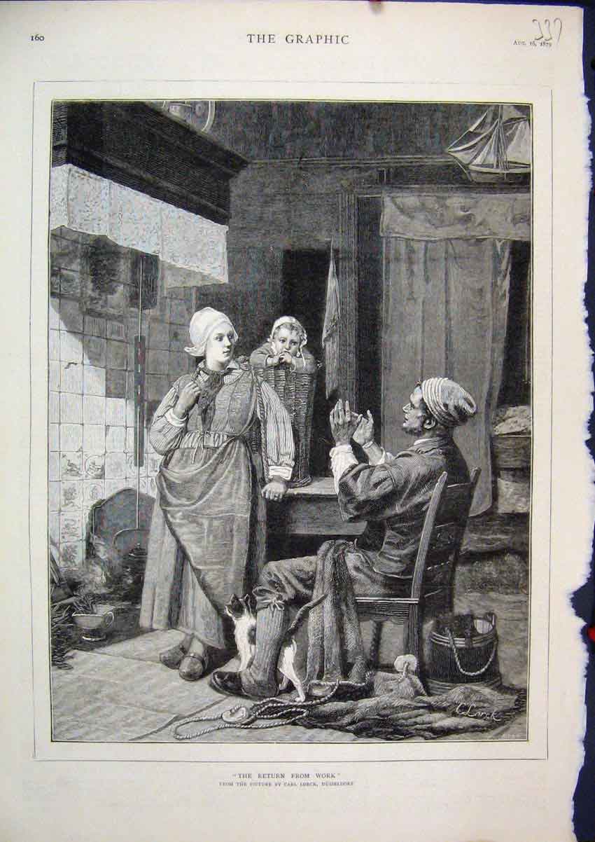 Original Old Antique Print 1879 Woman Baby Basket Man Sitting Chair Cat Fine Art