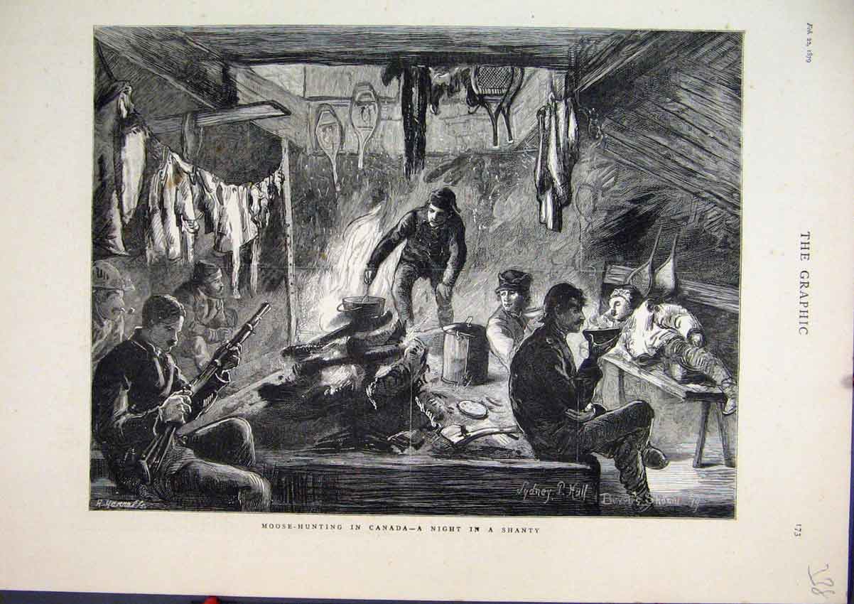 Original Old Antique Print 1879 Moose Hunting Canada Night Shanty Fire Fine Art