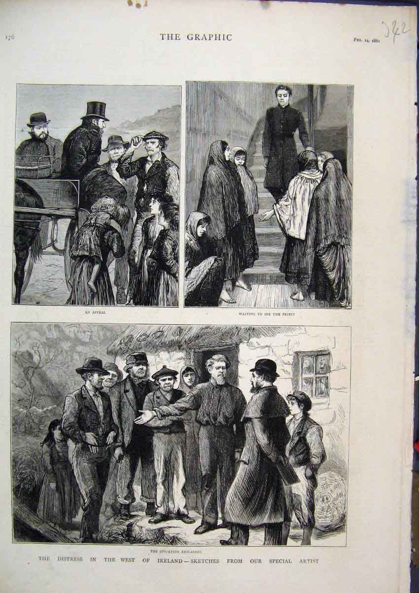 Original Old Antique Print 1880 Distress West Ireland Priest Poor People 19th