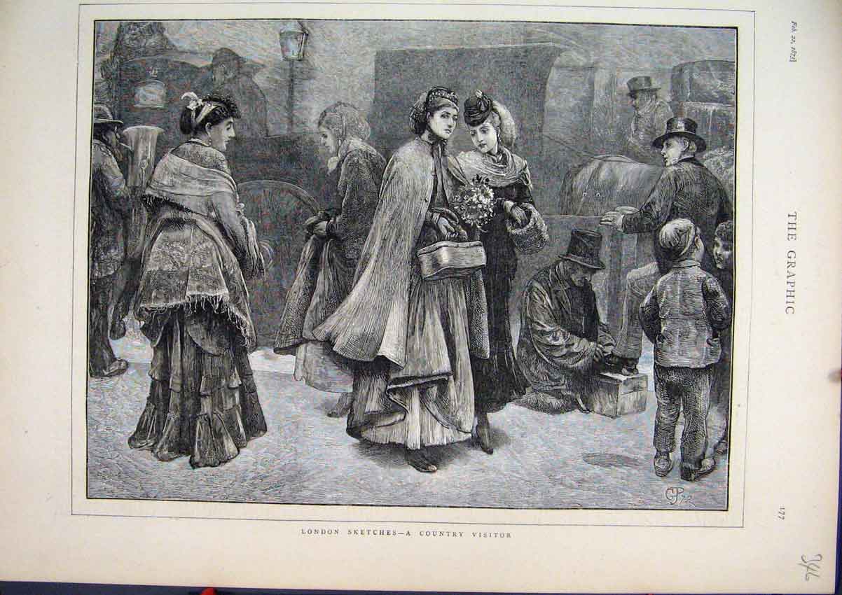 Original Old Antique Print 1873 London Sketches Country Visitor Women Flowers