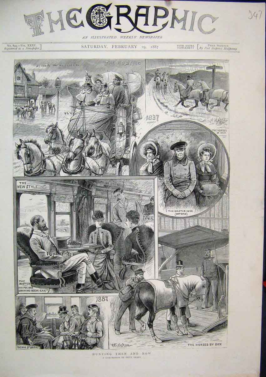Original Old Antique Print 1887 Hunting Horses Coach Pulman Drawing-Room Car