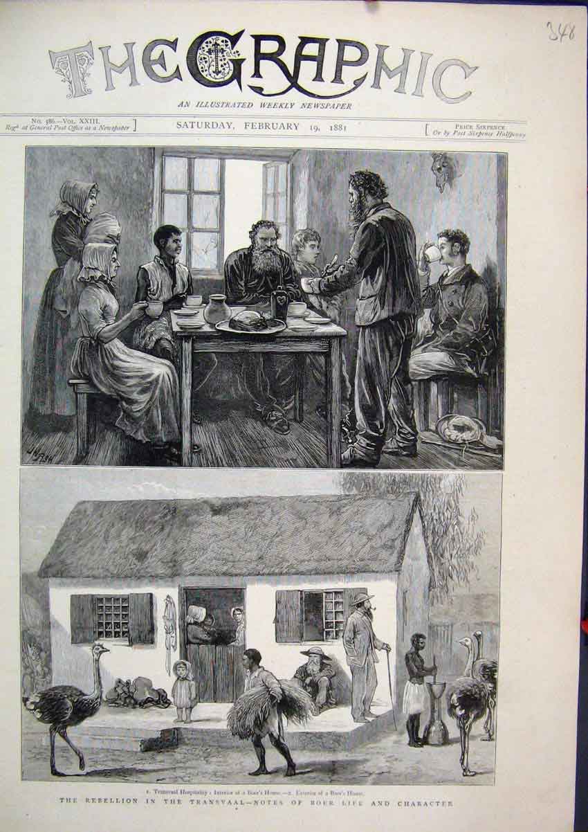 Original Old Antique Print Rebellion Transvaal Boers House 1881 Ostrich Children