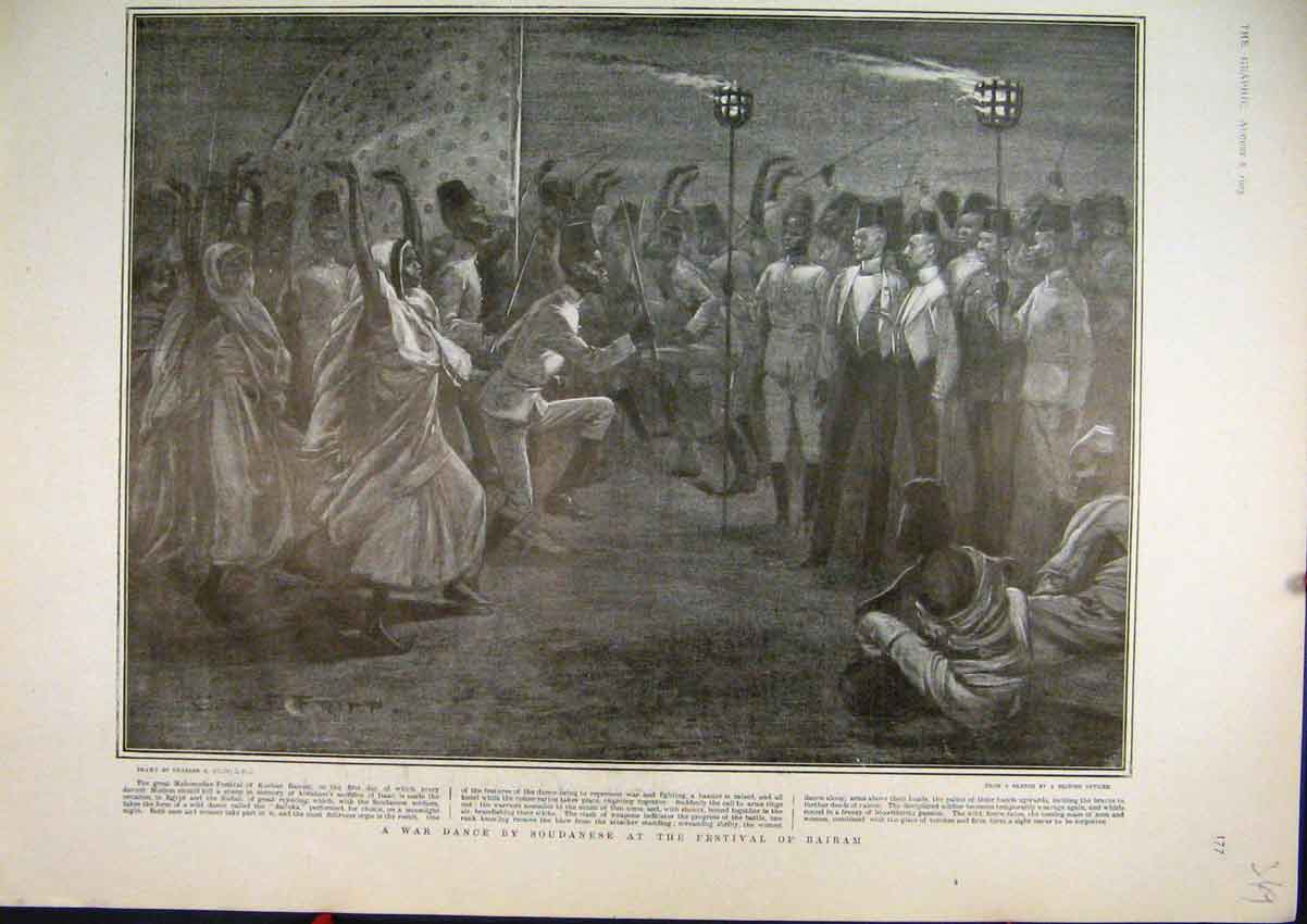 Original Old Antique Print 1903 War Dance Soudanese Featival Bairam Sketch 20th