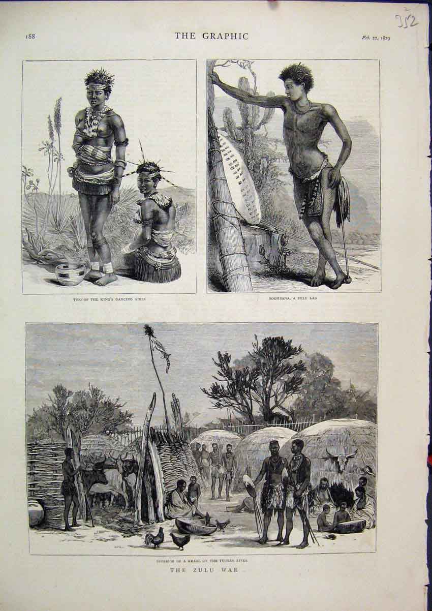 Old Antique Print 1879 Zulu War Kings Dancing Girls Boombana Kraal Tugela 19th