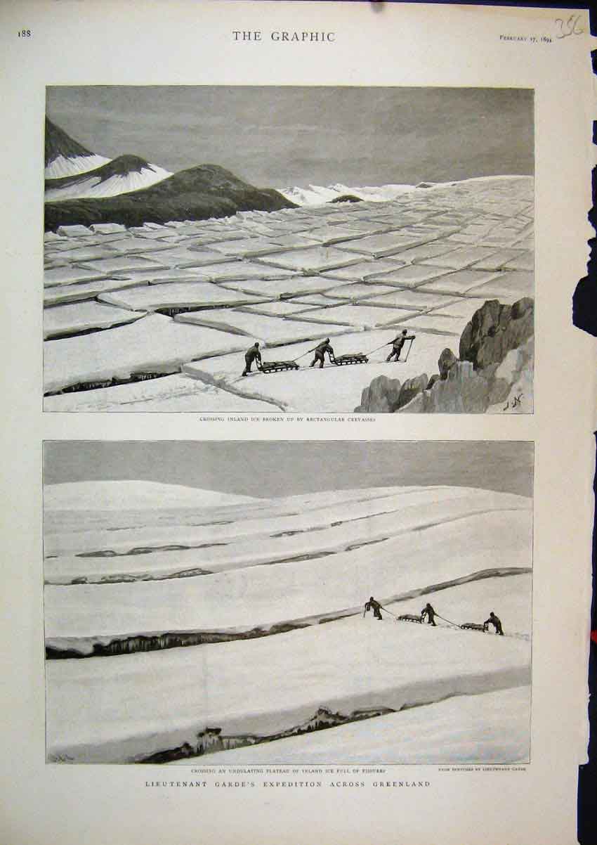 Original Old Antique Print Lieutenant Garde 1894 Expedition Greenland Ice Sledge