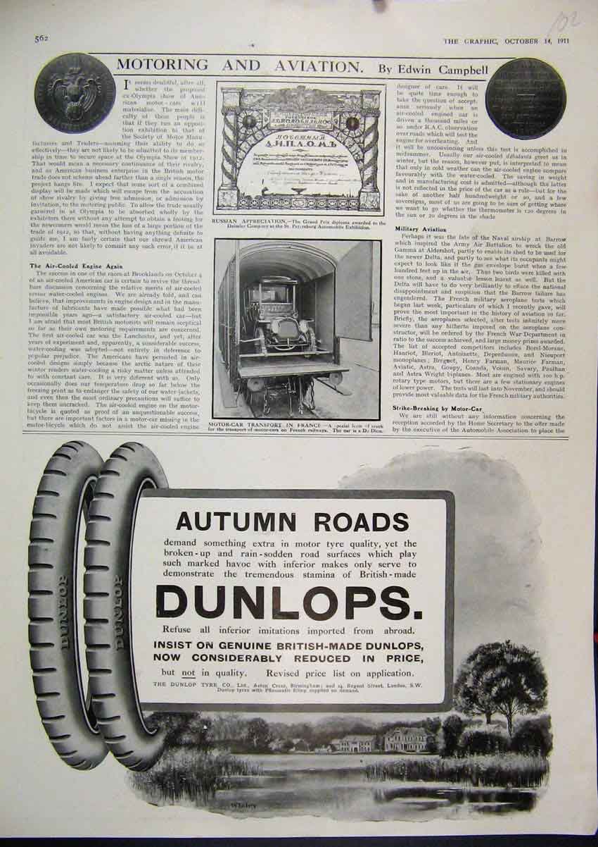 Original Old Antique Print 1911 Motoring Aviation Dunlop Tyres Advert Motor Car