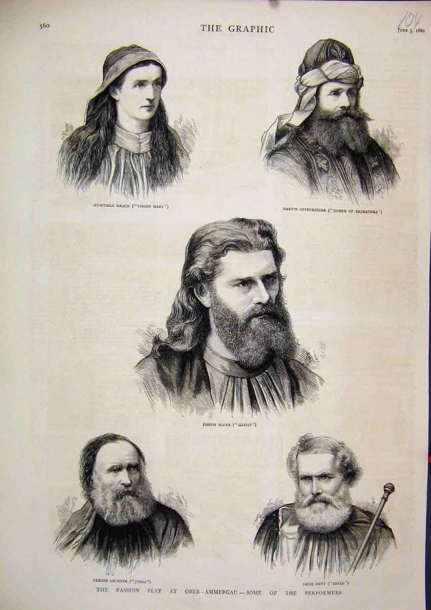 Original Old Antique Print 1880 Passion Play Ober-Ammergau Theatre Performers