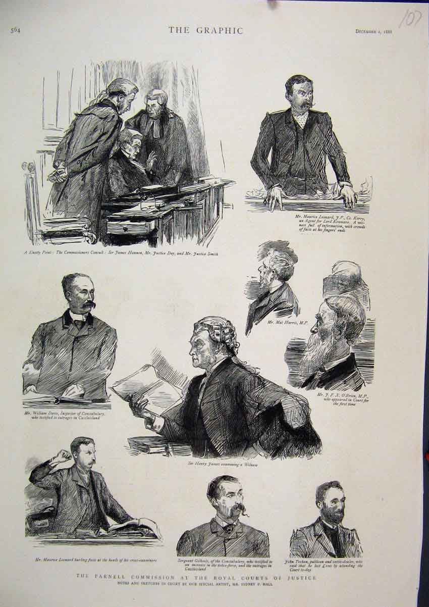 Original Old Antique Print 1888 Parnell Commission Royal Courts Justice Sketches
