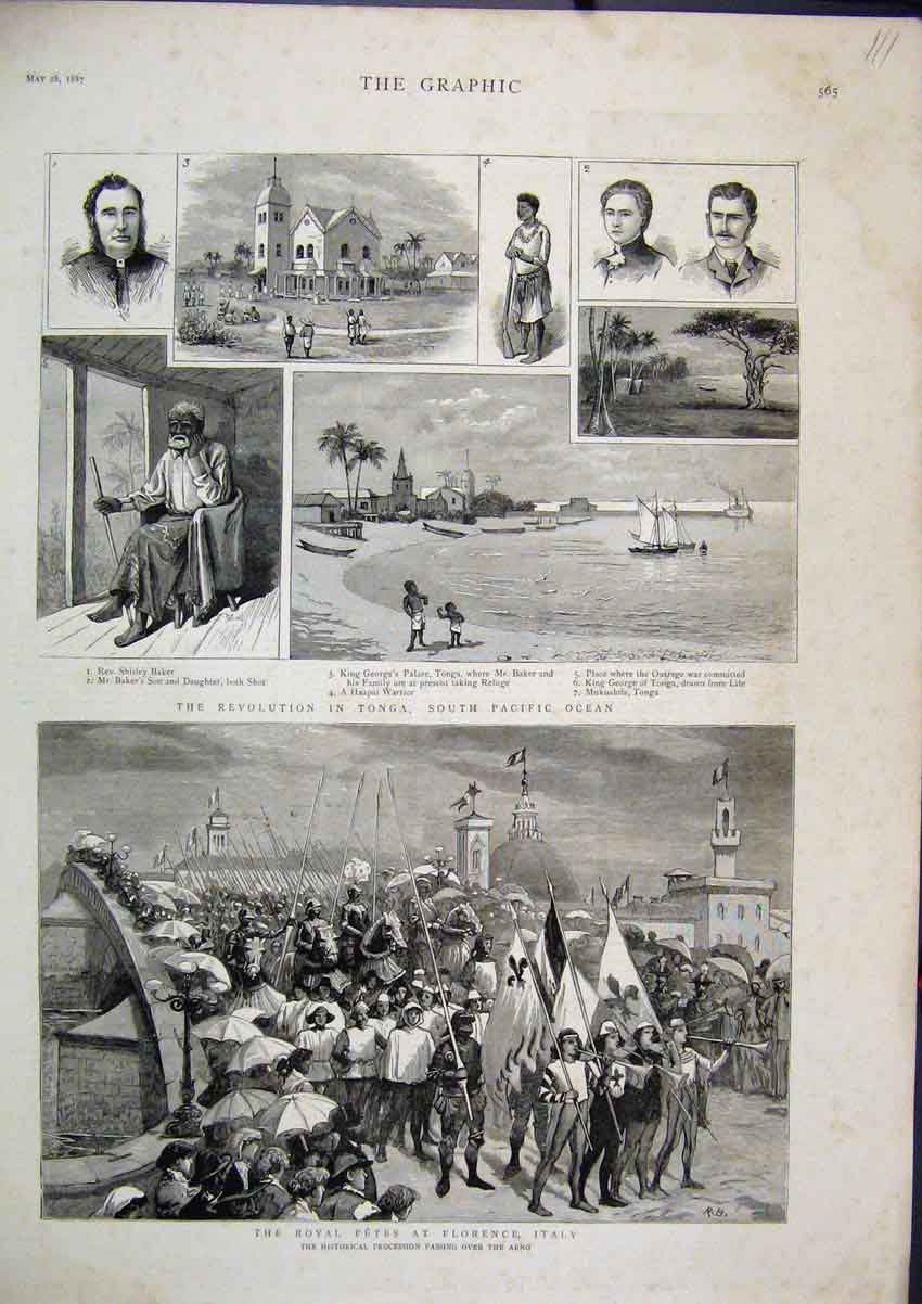 Original Old Antique Print Tonga 1887 South Pacific Ocean Royal Fete Florence