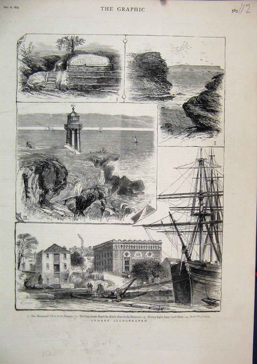 Old Antique Print 1879 Sydney Australia Macquarie Chair Hornby Light Gap 19th