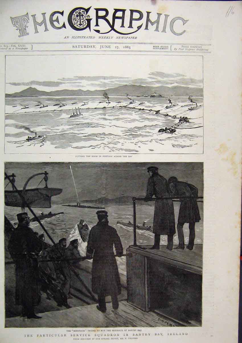 Original Old Antique Print 1885 Squadron Bantry Bay Ireland Minotaur Blockade