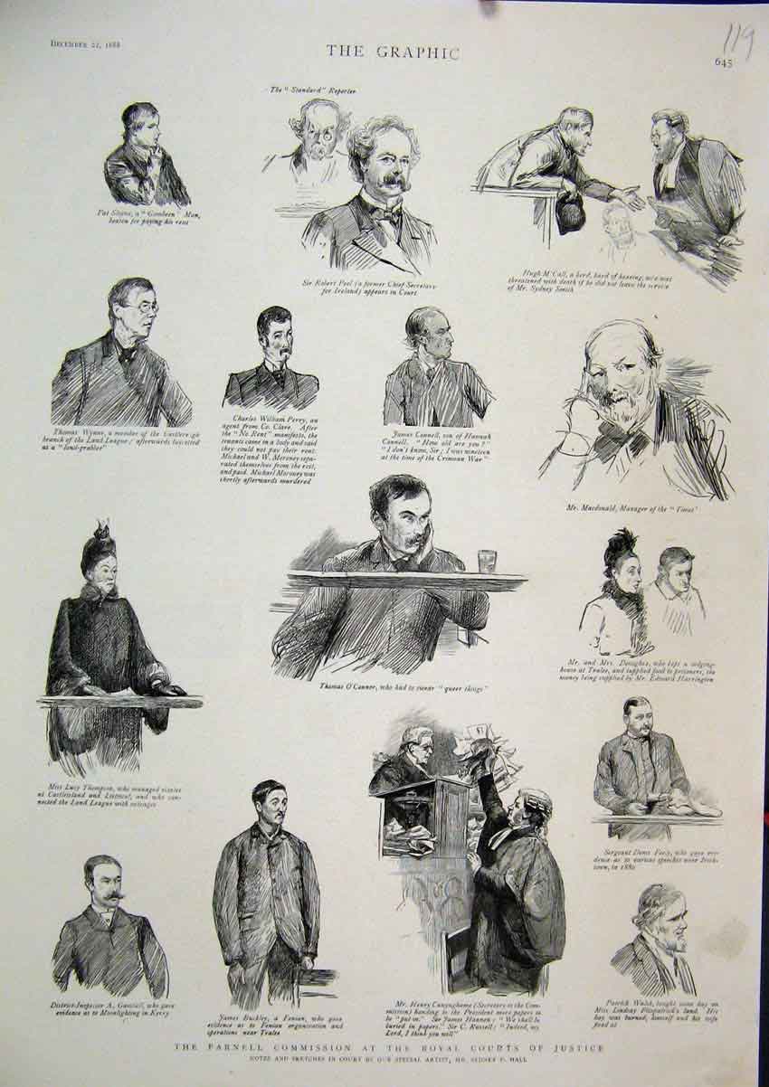 Antique Print Ref.857 1888 Parnell Commission Royal Courts Justice Sketches