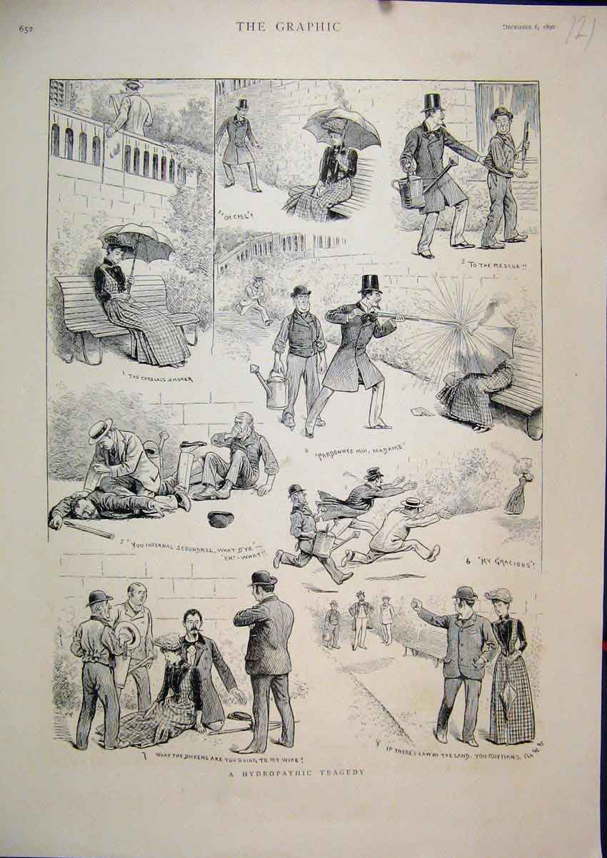 Original Old Antique Print 1890 Hydropathic Tragedy Comedy Sketches Smoker Water