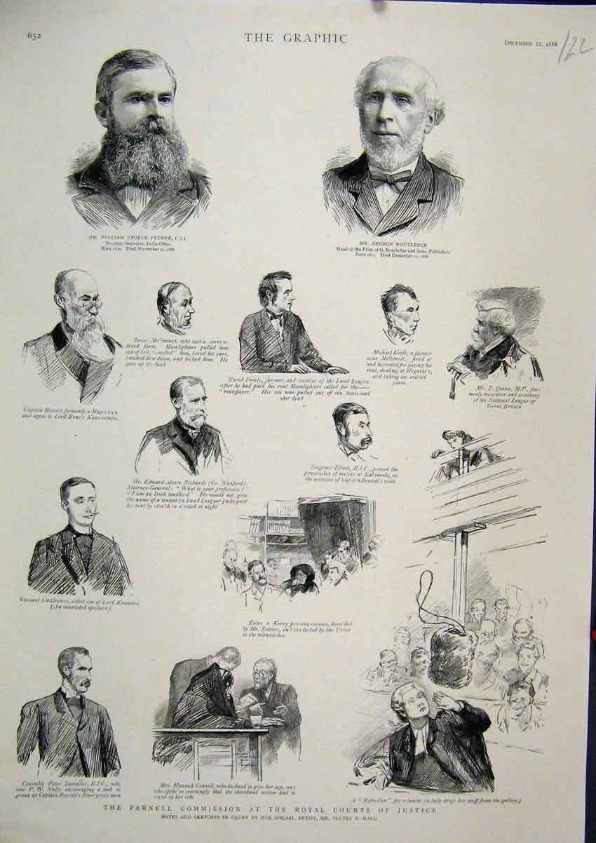 Original Old Antique Print 1888 Parnell Commission Royal Court Justice Pedder