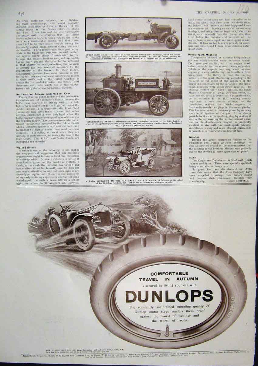 Original Old Antique Print Dunlop Tyres 1910 Motor Car Merryweather Advert 20th