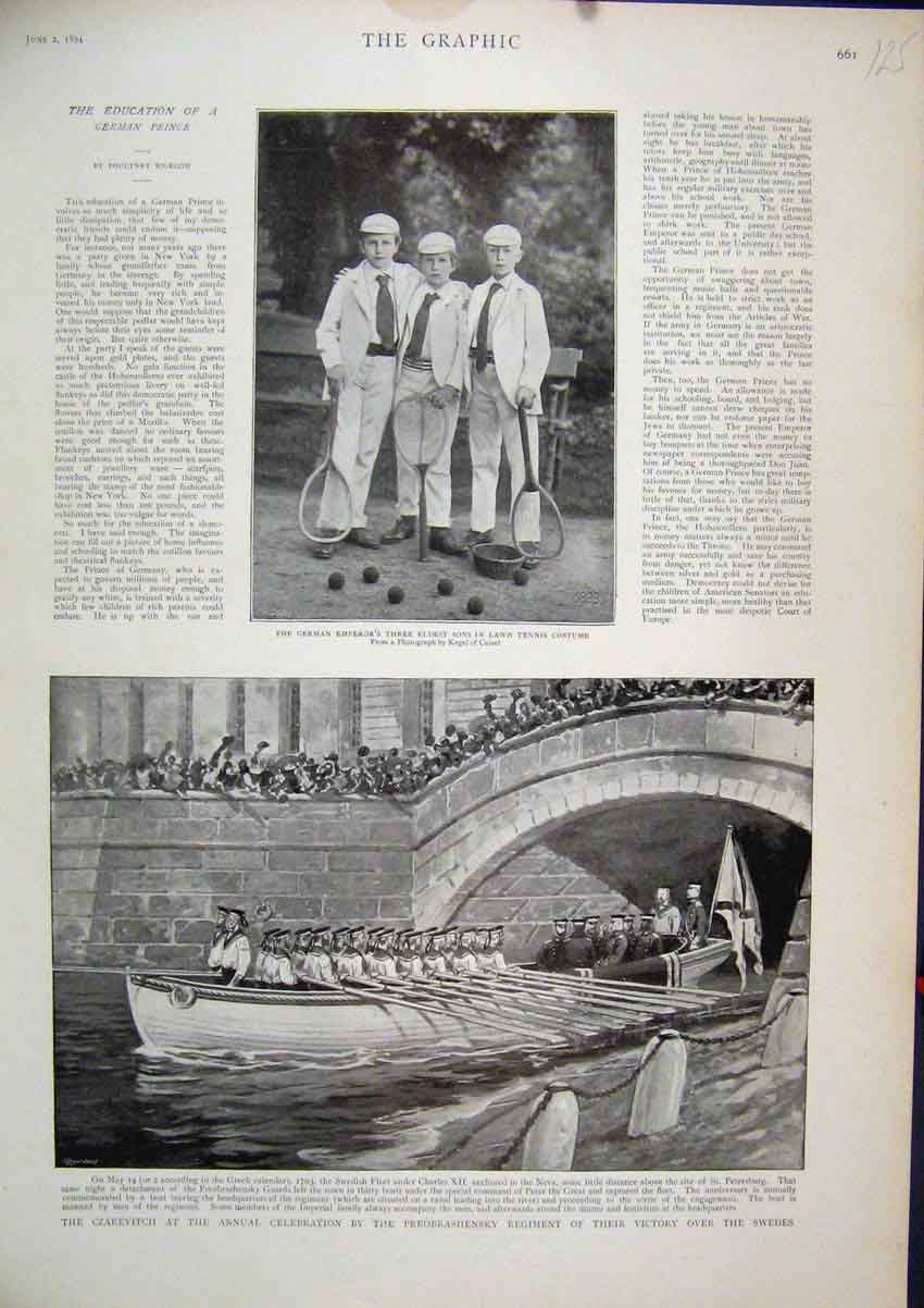 Old Antique Print 1894 Czarevitch Celebration Preobrashensky Tennis River 19th