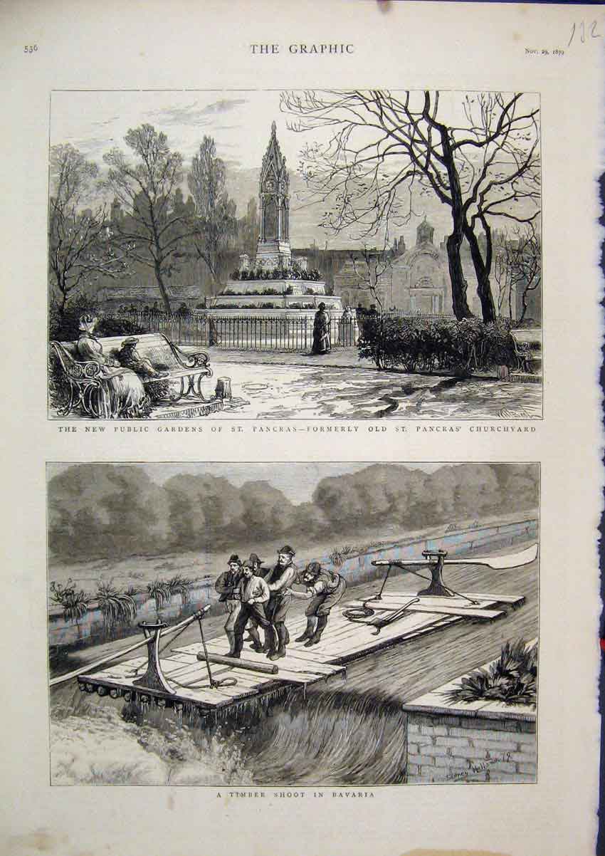 Old Antique Print 1879 Timber Shoot Bavaria Public Gardens Pancras Church 19th
