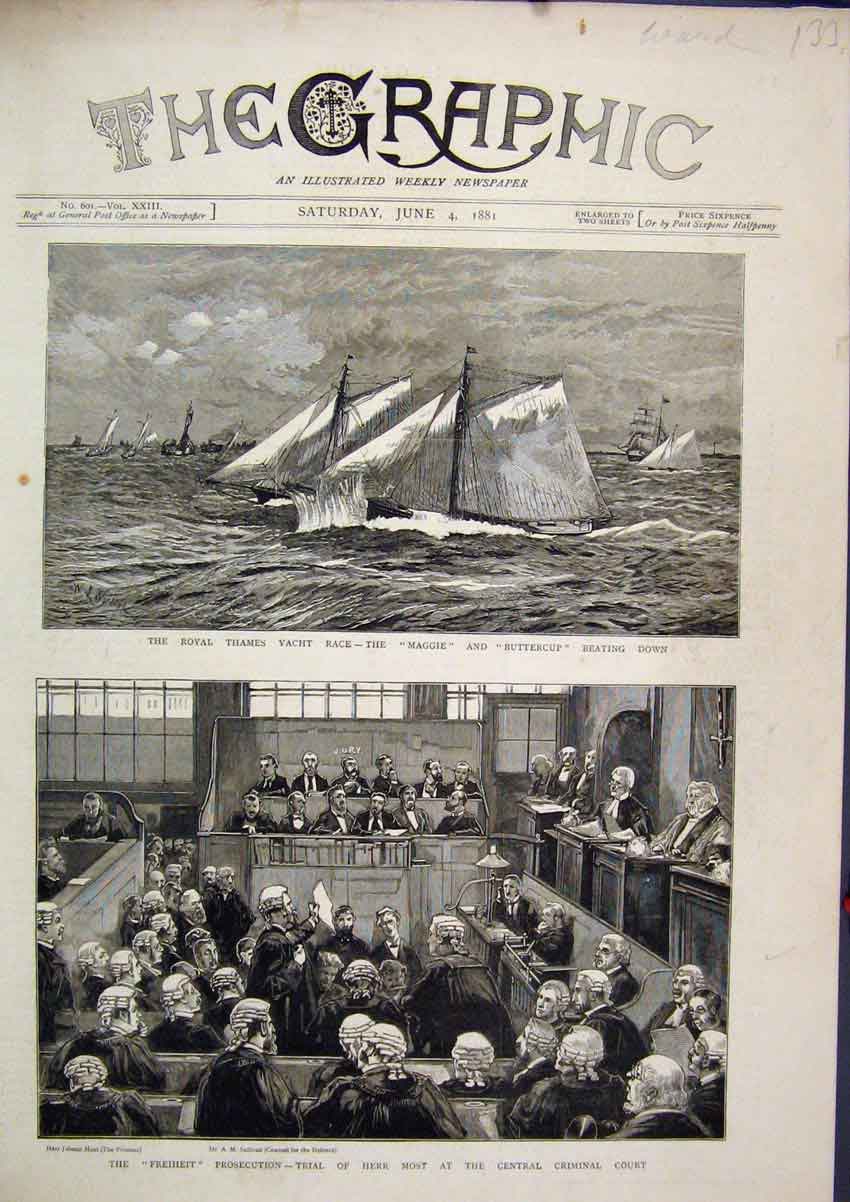 Original Old Antique Print 1881 Freiheit Prosecution Herr Most Yacht Maggie Race