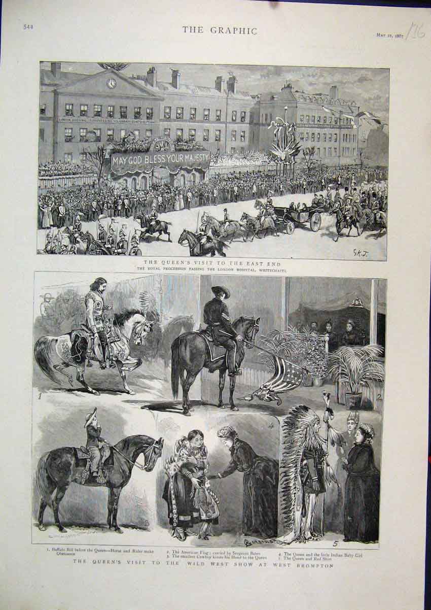 Old Antique Print 1887 Queen Wild West Show West Brompton Hospital Horse 19th