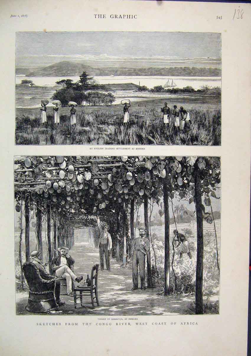 Original Old Antique Print 1878 Congo River Coast Africa Vinery English Trading