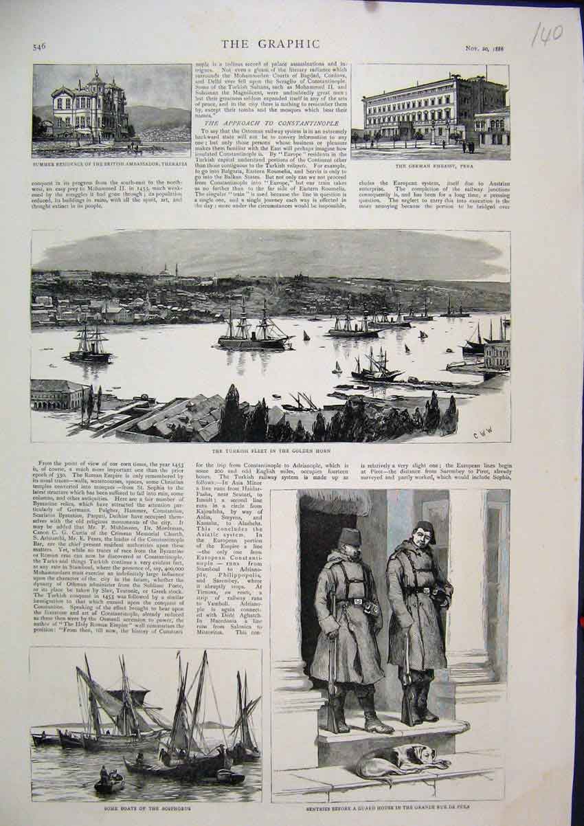 Old Antique Print 1886 Boats Bosphorus Sentries Guard House Turkish Fleet 19th