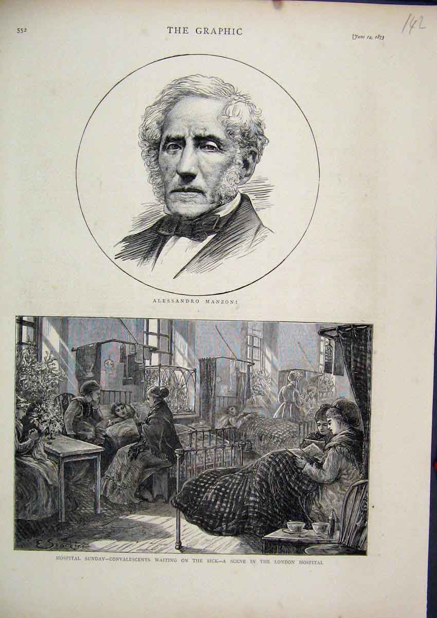 Old Antique Print Portrait Alessandro Manzoni 1873 Hospital Convalescent 19th