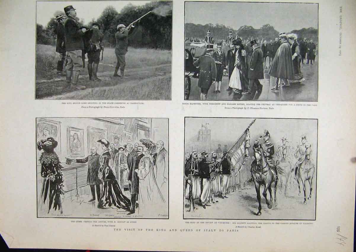 Old Antique Print 1903 Visit Paris King Queen Italy Shooting Louvre Horse 20th