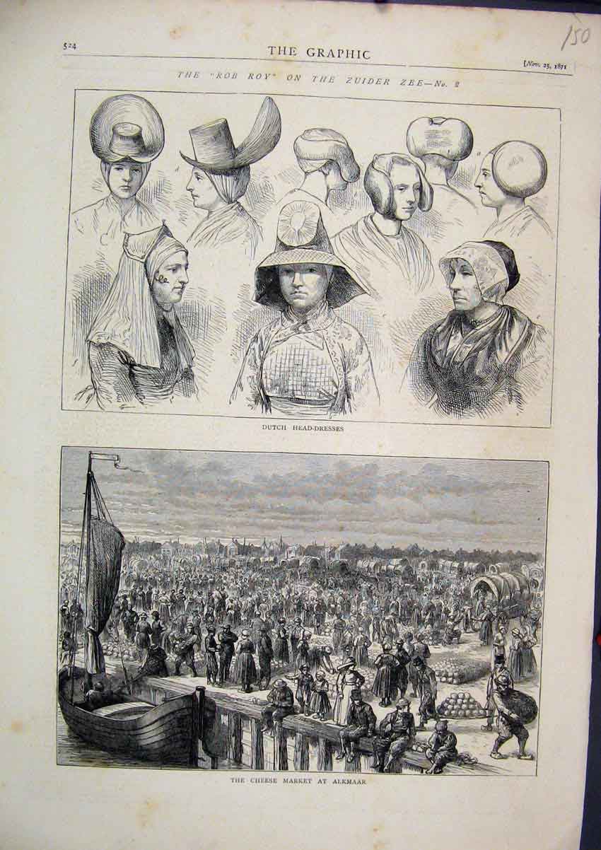 Original Old Antique Print 1871 Dutch Head Dresses Cheese Market Alkmaar Zuider