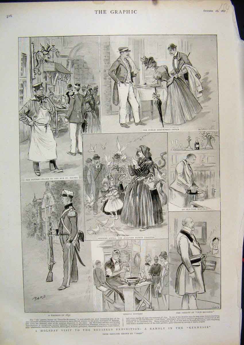 Old Antique Print 1897 Holiday Visit Brussels Ramble Kermesse Pigeon Wine 19th