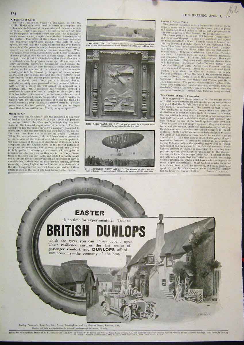 Old Antique Print 1911 British Dunlop Tyres Japanese Army Airship Advert 20th