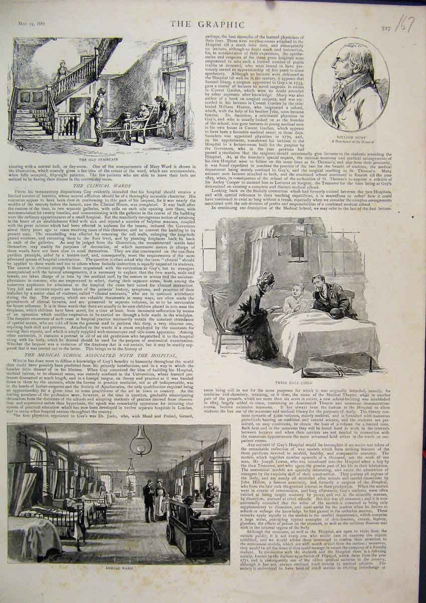 Original Old Antique Print 1887 Hospital Dorcas Ward William Hunt Staircase 19th