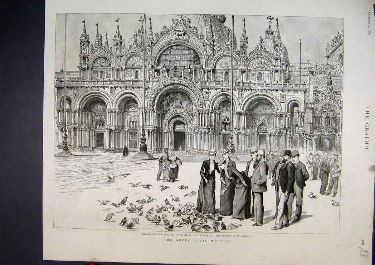 Old Antique Print 1889 Greek Royal Wedding Prince Wales Pigeons St. Marks 19th
