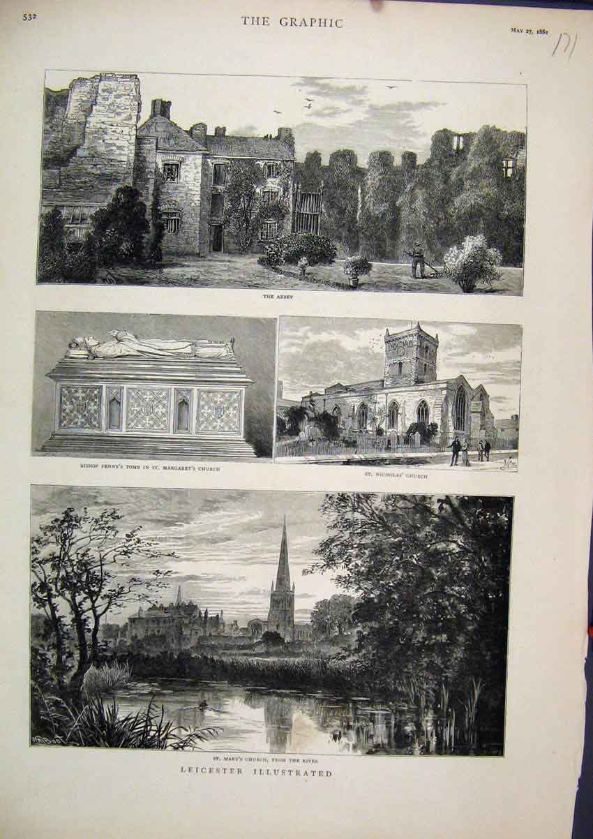 Original Old Antique Print 1882 Leicester Mary Church Abbey Bishop Penny Tomb