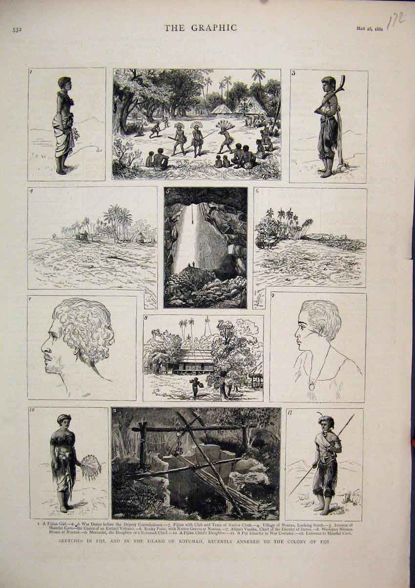 Old Antique Print 1881 Sketches Fiji Rotumah War Dance Mamfri Cave Noatau 19th
