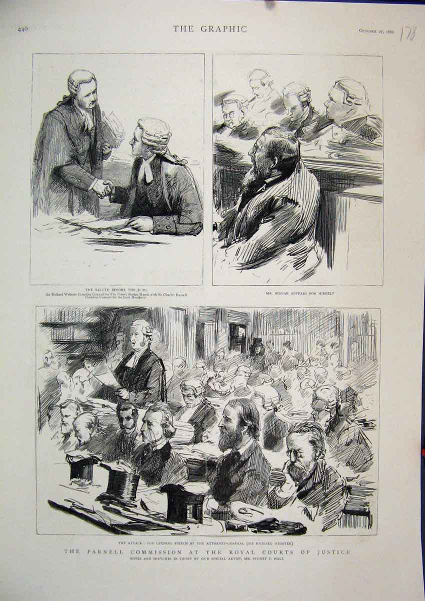 Old Antique Print 1888 Parnell Commission Royal Court Justice Biggar Duel 19th