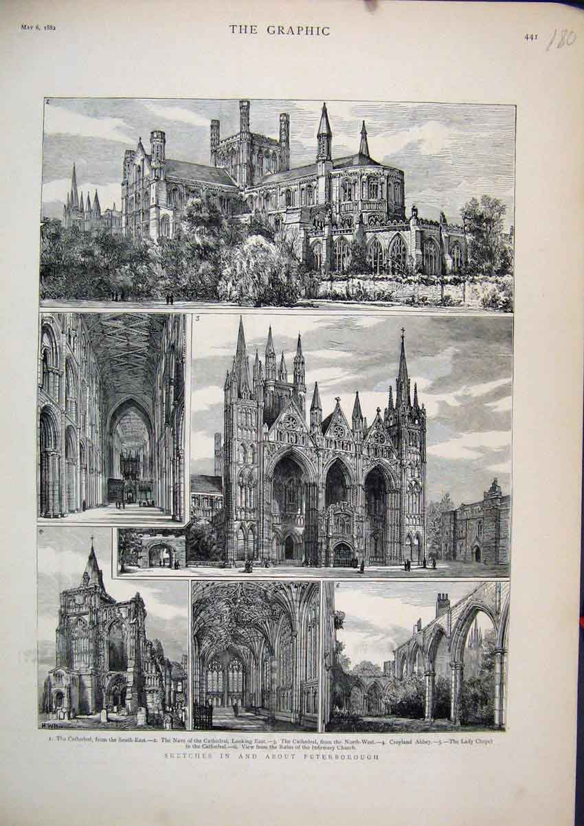 Old Antique Print 1882 Peterborough Cathedral Nave Croyland Abbey Chapel 19th
