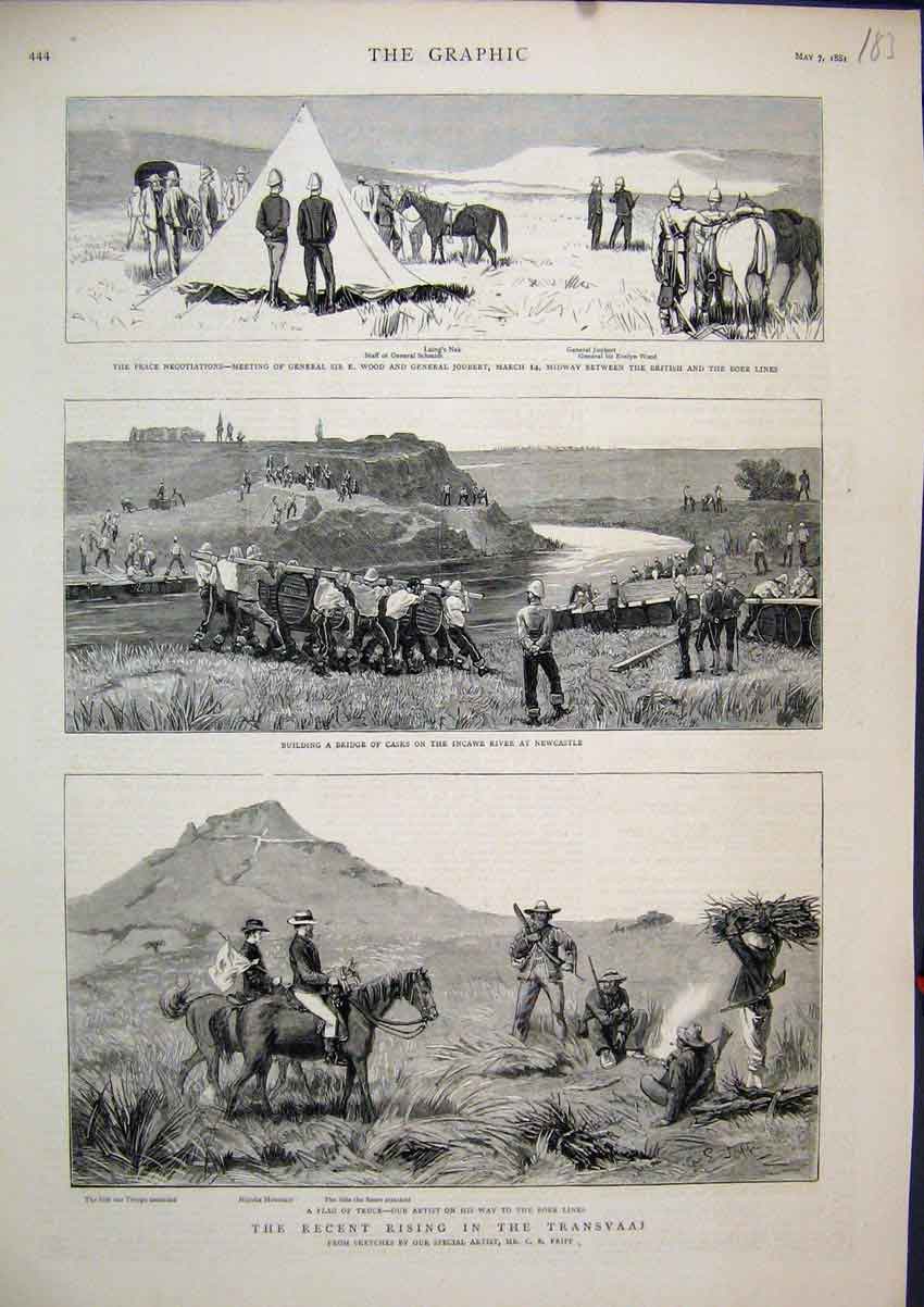 Original Old Antique Print 1881 Transvaal Bridge Casks Incawe River Boer Lines