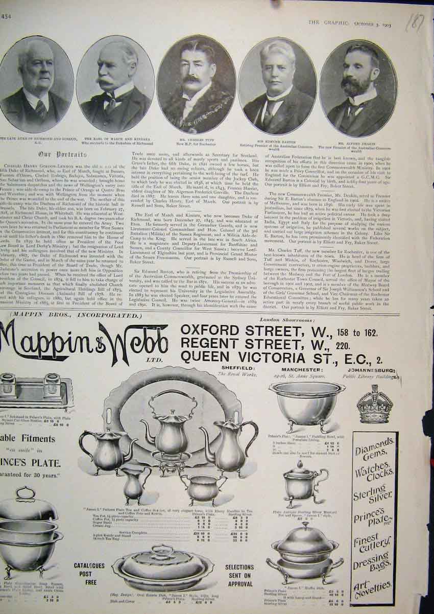 Original Old Antique Print 1903 Mappins Webb Silver Edmund Barton Alfred Deakin