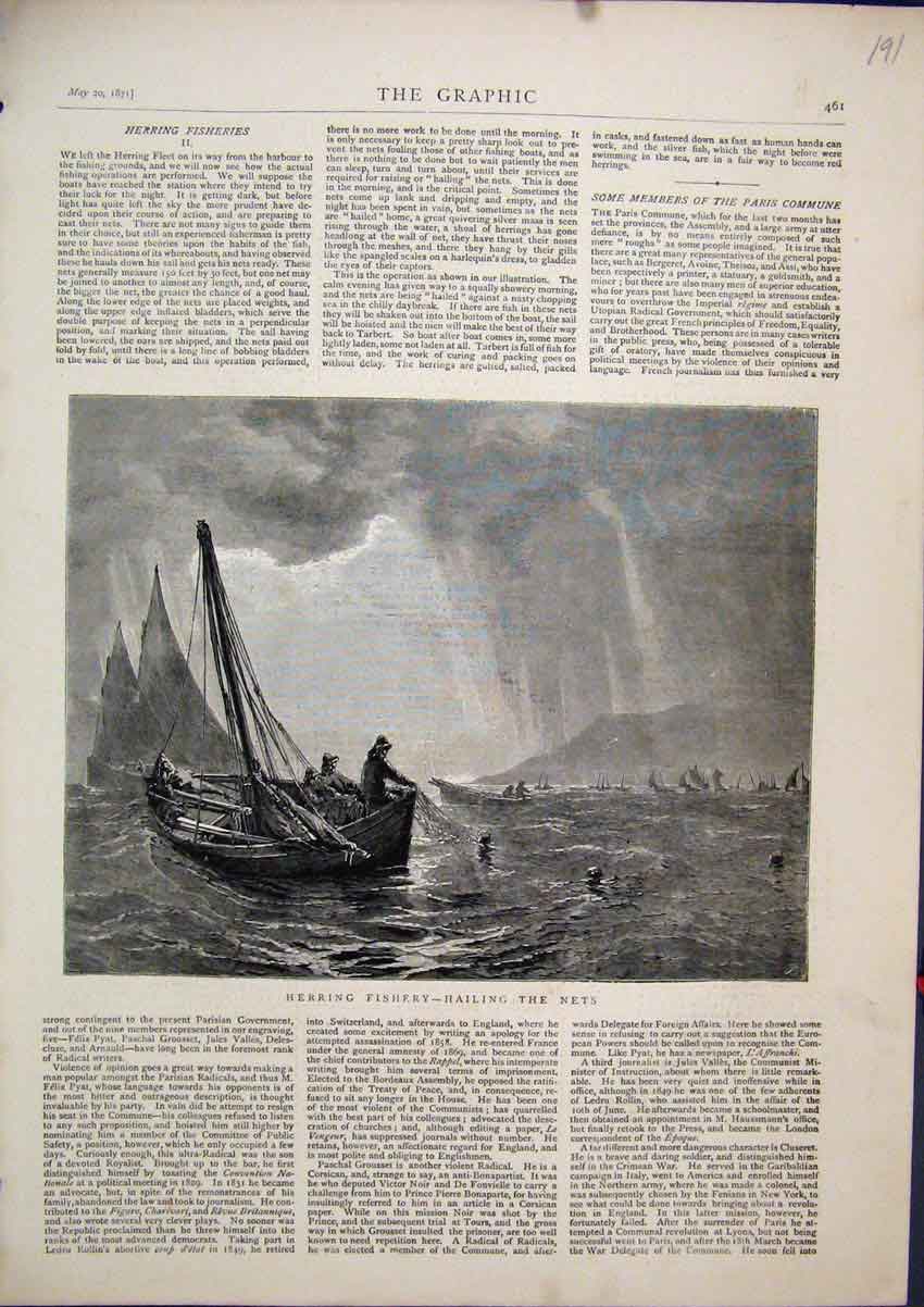 Original Old Antique Print 1871 Herring Fishery Hailing Nets Boats Sea Victorian