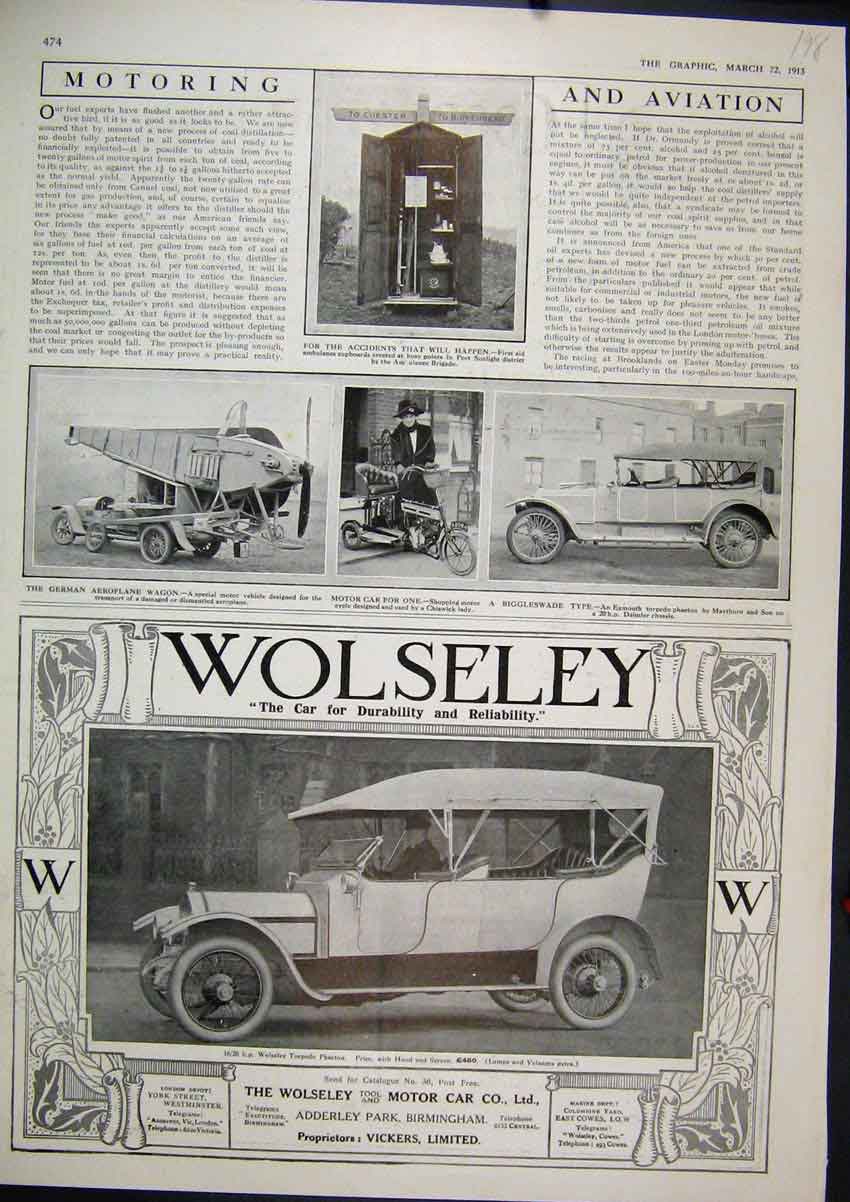 Original Old Antique Print 1913 Advert Wolseley Motor Car German Aeroplane Wagon