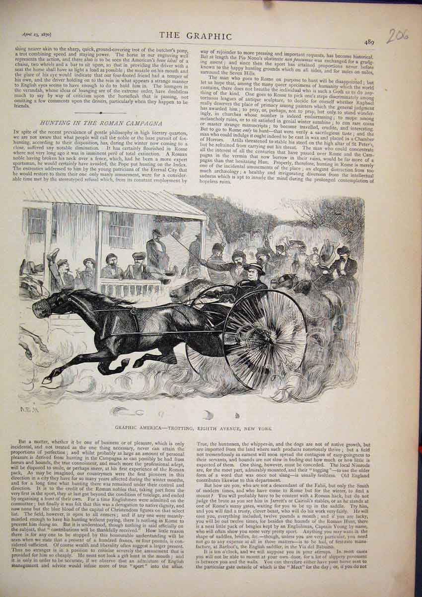 Original Old Antique Print 1870 Graphic America Trotting Eighth Avenue New York