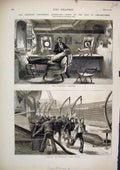 Old Antique Print 1876 Hairdressing Barbers Saloon Sunday Fire Drill Ship 19th