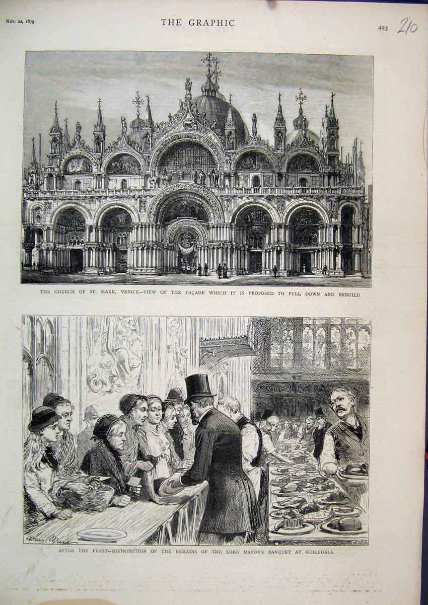 Old Antique Print 1879 Church St Mark Venice Lord Mayor Banquet Guildhall 19th
