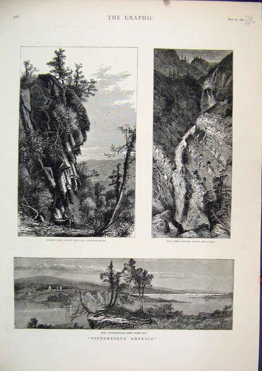 Original Old Antique Print 1881 America Titan Pier Mount Holyoke Elk Lake Rocky